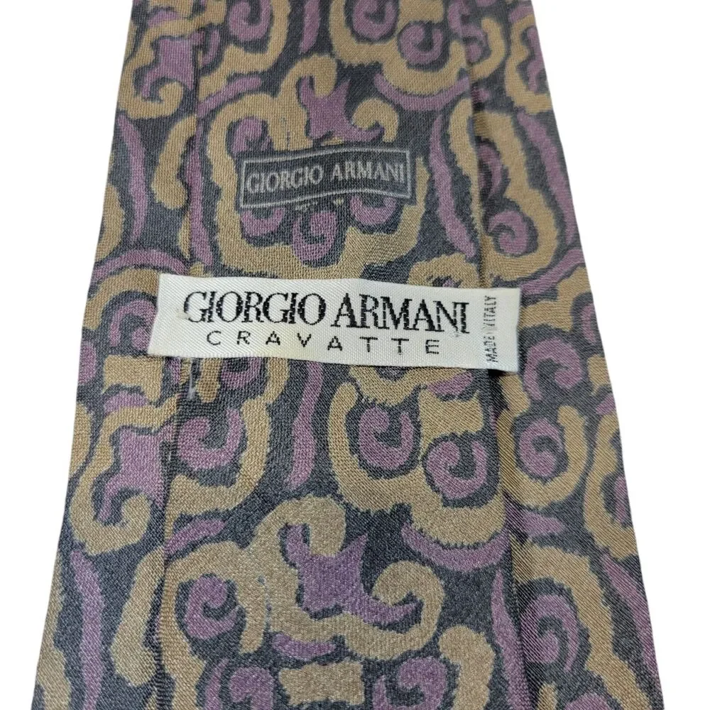 Giorgio Armani‎ Vintage Purple Tan Black Abstract Paisley Necktie Italy 56 1/2